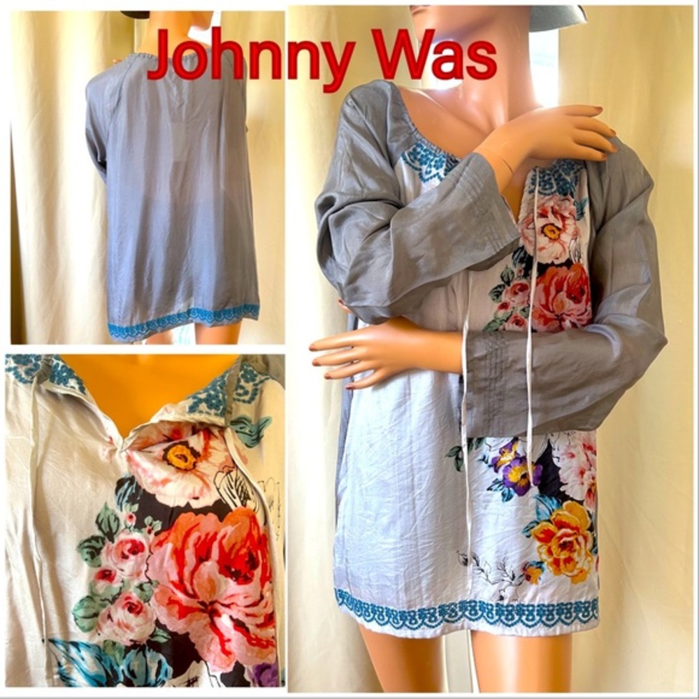New Johnny Was 100% Silk Eyelet Floral Print Blouse pin tucked cuff M. ✅read